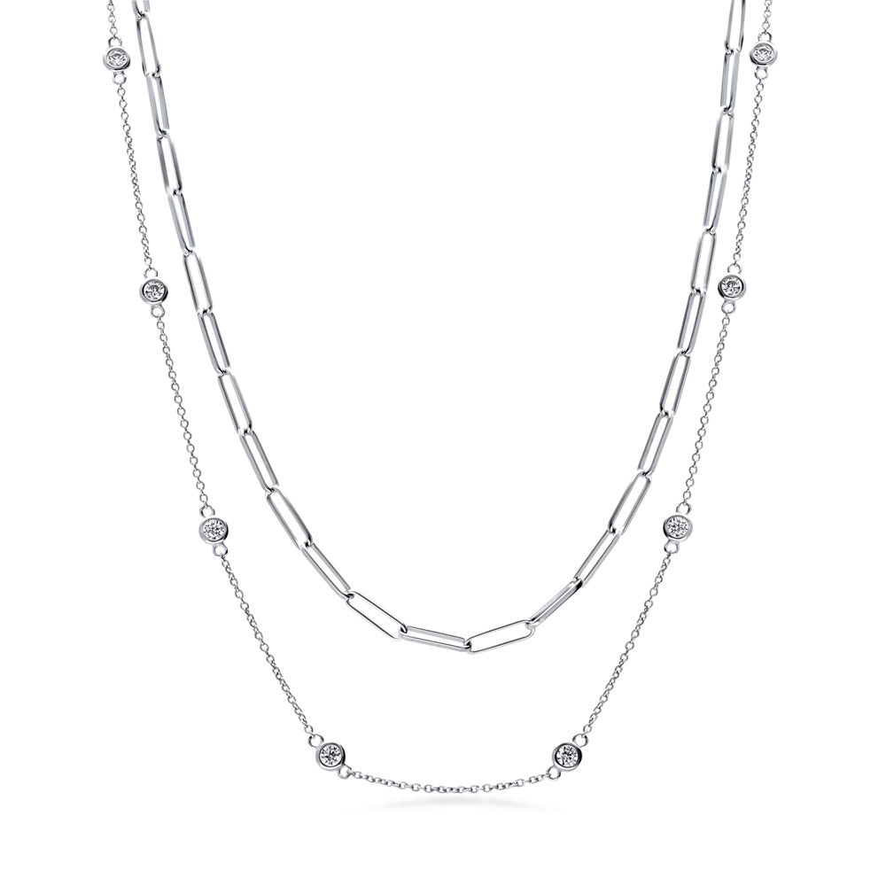 Paperclip CZ Layered Chain Necklace Set in Sterling Silver, 1 of 17