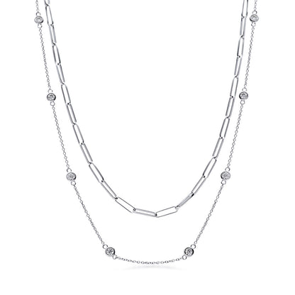 Paperclip CZ Layered Chain Necklace Set in Sterling Silver
