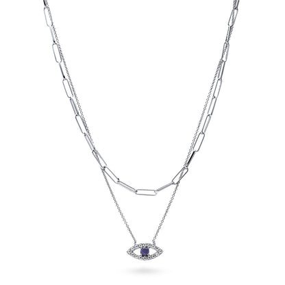 Evil Eye Paperclip CZ Layered Necklace Set in Sterling Silver