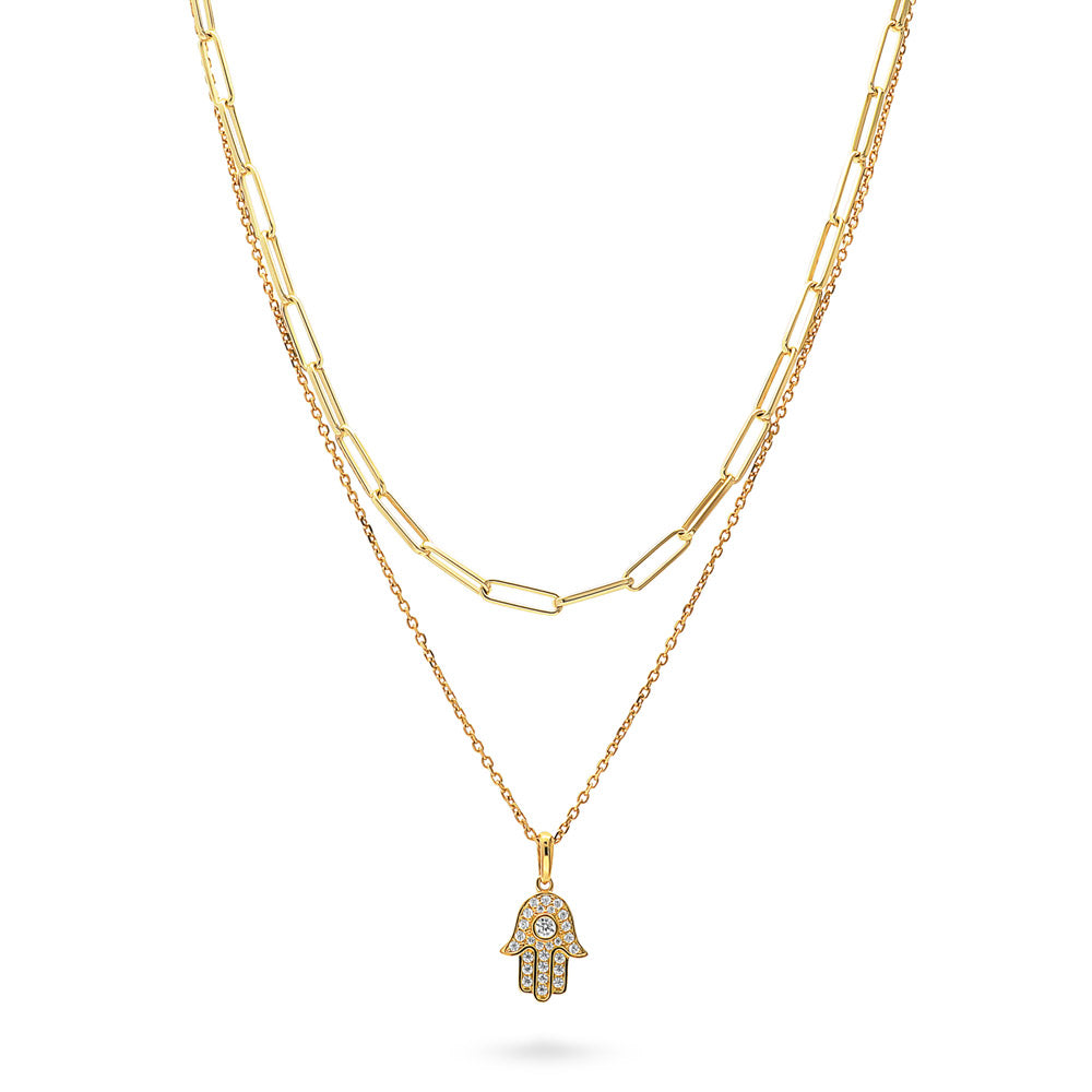Hamsa Hand CZ Chain Necklace in Gold Flashed Sterling Silver, 2 Piece, 1 of 17