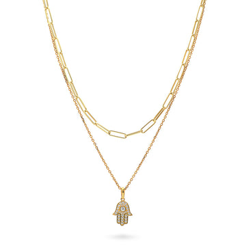 Hamsa Hand CZ Chain Necklace in Gold Flashed Sterling Silver, 2 Piece