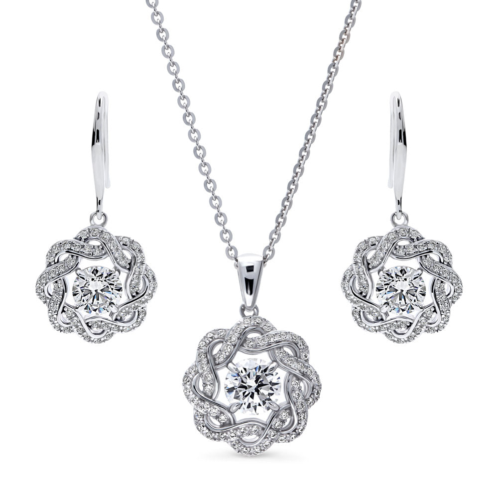 Flower Ribbon CZ Necklace and Earrings Set in Sterling Silver, 1 of 12