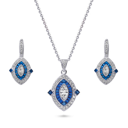 Navette Halo Art Deco Milgrain CZ Set in Sterling Silver