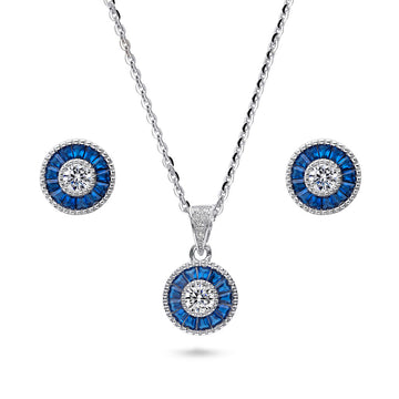 Halo Art Deco Round CZ Necklace and Earrings Set in Sterling Silver