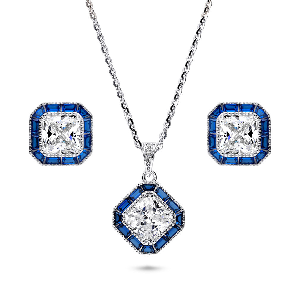 Halo Art Deco Princess CZ Necklace and Earrings Set in Sterling Silver, 1 of 13