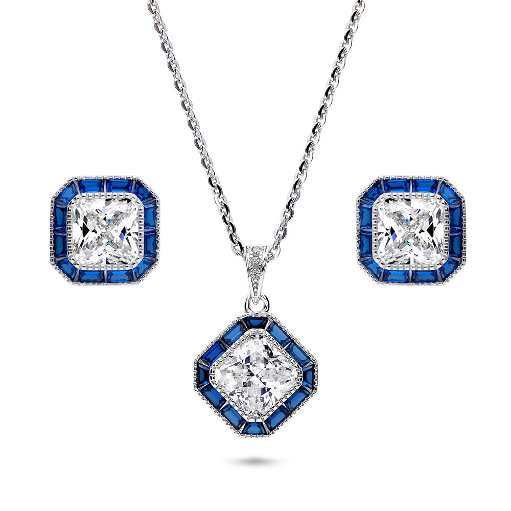 Halo Art Deco Milgrain Princess CZ Set in Sterling Silver
