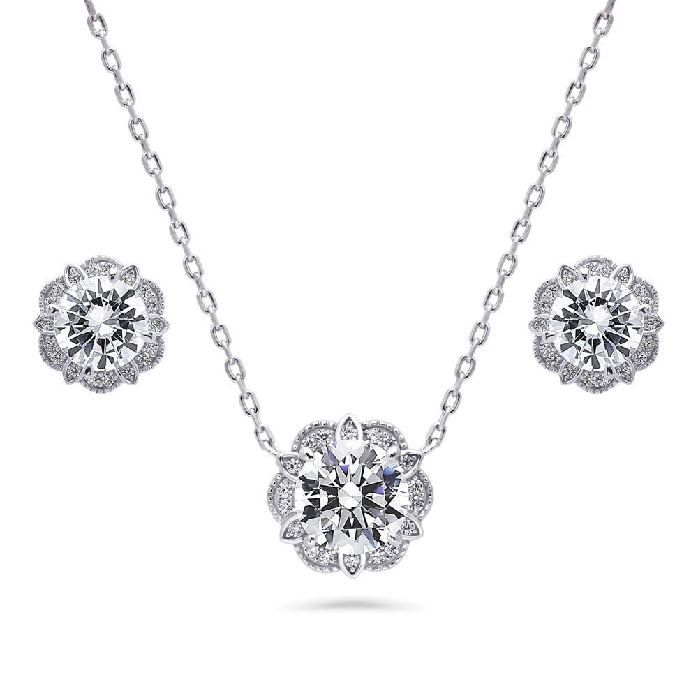Flower Halo CZ Necklace and Earrings in Sterling Silver, 1 of 15