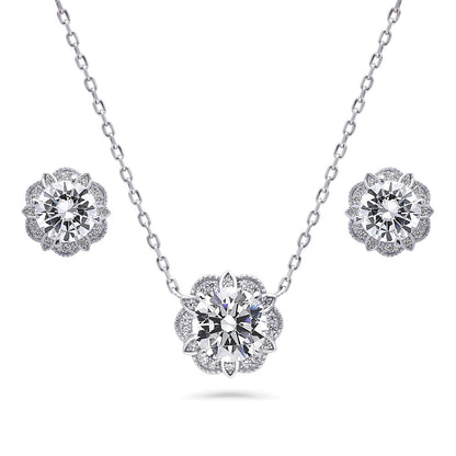 Flower Halo CZ Necklace and Earrings in Sterling Silver