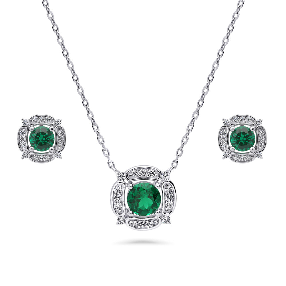 Halo Flower Simulated Emerald Round CZ Set in Sterling Silver, 1 of 7